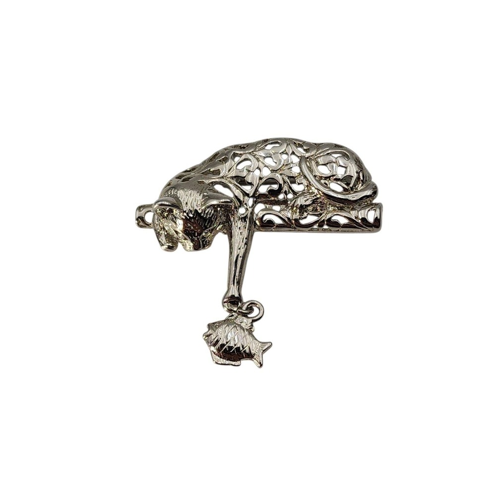 Vintage silver tone‎ scroll work KITTY CAT with dangle fish brooch pin